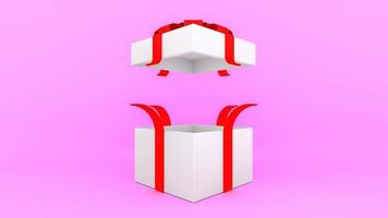 boîte-cadeau blanche ouverte avec ruban rouge sur fond rose., concept minimal de noël et du nouvel an., rendu 3d. photo