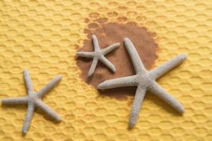 trois étoiles de mer et du sable d'une plage sur un fond jaune vif photo