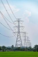 rangée de poteau haute tension, grand pylône électrique de transmission avec câble sur rizière avec ciel bleu en campagne photo