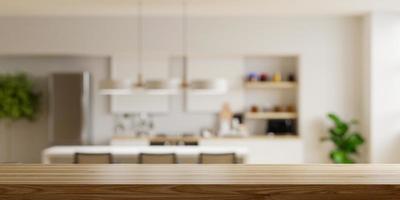 dessus de table en bois sur fond de salle de cuisine flou, intérieur de salle de cuisine contemporaine moderne.