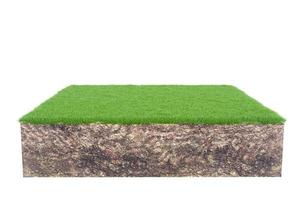 herbe verte avec coupe transversale de la géologie des terres du sol isolée sur fond blanc, rendu 3d photo