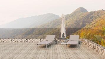 arrière-plan d'une terrasse de détente extérieure minimale et d'un banc de canapé avec vue sur la montagne, rendu d'illustration 3d photo