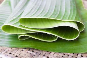 feuilles de bananier vert disposées sur une assiette, plateau en bambou. photo