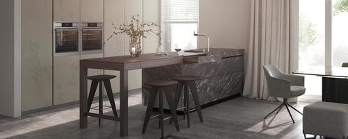 design d'intérieur moderne minimalisme. salle de cuisine studio avec îlot de cuisine et chaises. rendu 3d. Illustration 3D. photo