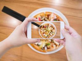 femme prenant une photo de pizza avec un smartphone mobile