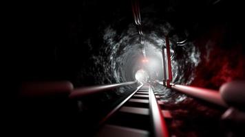 Tunnel ferroviaire en pierre noire de rendu 3d avec lumière à la fin.