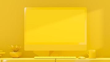 l'affichage vide du moniteur d'ordinateur jaune est placé sur le bureau. concept d'idée minimale. photo