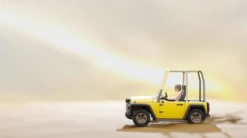 petite fille conduisant une voiture jaune dans un espace vide semblable à un désert. lumière vive du fond du soleil. photo