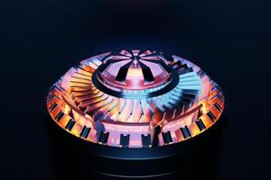 rendu 3d future technologie de turbine de fusée de moteur sous la lumière bleue et violette. partie futuriste d'une turbine de vaisseau spatial photo