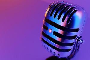 microphone, modèle sur fond violet, illustration 3d réaliste. prix de musique, karaoké, équipement de sonorisation de studio de radio et d'enregistrement photo