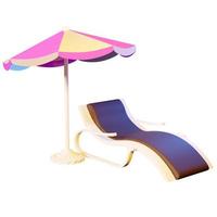 Illustration 3d d'une chaise de plage sous un parasol rayé sur fond blanc isolé. concept de vacances d'été au bord de la plage. photo