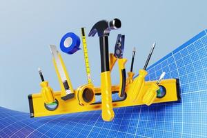 Illustration 3d d'un outil à main pour le niveau de réparation et de construction, tournevis, marteau, pince, ruban à mesurer. un ensemble d'outils photo