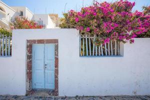 vue panoramique imprenable sur la rue de l'île de santorin, village d'oia. pittoresque célèbre porte bleue grecque et fleurs roses. fond de concept de voyage. vacances d'été, bel escalier de rue bâtiment blanc photo