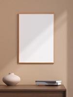 affiche en bois de portrait minimaliste ou cadre photo dans un design d'intérieur de mur de salon moderne avec vase et ombre. rendu 3d.