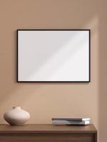 affiche noire de paysage minimaliste ou cadre photo dans un design d'intérieur de mur de salon moderne avec vase et ombre. rendu 3d.