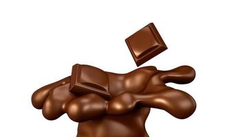 morceaux de chocolat tombant sur une illustration 3d d'éclaboussures de chocolat photo