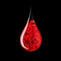 icône de goutte de sang avec des cellules sur le concept de rendu 3d noir pour l'illustration 3d de la journée mondiale du don de sang photo