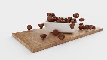 pépites de chocolat tombant sur un bol en porcelaine blanche et une planche en bois illustration 3d photo