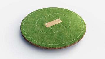 vue de face du stade de cricket sur le terrain de cricket ou le terrain de jeu de sport de balle, le stade d'herbe ou l'arène circulaire pour la série de cricket, la pelouse verte ou le terrain pour le batteur, le quilleur. illustration 3d de champ extérieur photo