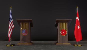 drapeaux américains et turcs. drapeau des états-unis et de la dinde. négociations avec les États-Unis et la Turquie. tribune pour les discours. Travail 3d et image 3d photo
