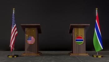 drapeaux des états-unis et de la gambie. drapeau des états-unis et de la gambie. Négociations entre les États-Unis et la Gambie. tribune pour les discours. Travail 3d et image 3d photo