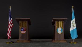 drapeaux des états-unis et du guatemala. drapeau des états-unis et du guatemala. négociations avec les États-Unis et le guatemala. tribune pour les discours. Travail 3d et image 3d photo