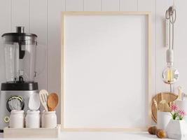 cadre d'affiche maquette dans l'intérieur de la cuisine et accessoires avec mur blanc. photo