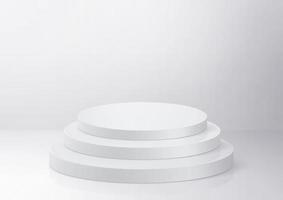 podium de piédestal rond blanc brillant. concept 3d abstrait de haute qualité socle éclairé par des projecteurs sur fond blanc. un fond futuriste peut être ajouté sur les bannières flyers ro web. rendu 3D photo