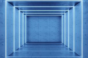 Rendu 3d, intérieur de la chambre bleue abstraite avec lampes au néon blanches. fond d'architecture futuriste. boîte avec mur en béton. maquette pour votre projet de conception photo