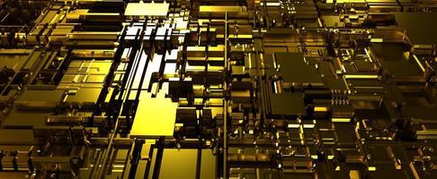 carte mère abstraite d'or. surface cyber faite de blocs de rendu 3d et de clips pour le matériel. art technologique d'une métropole fantastique avec des connexions au réseau mondial photo