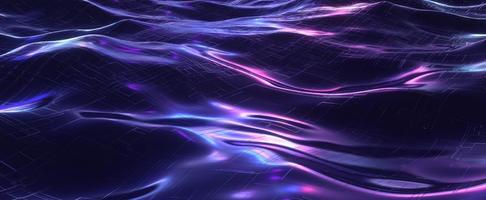 cyber ondes néon avec fusées éclairantes. lignes de circuit électronique violet et rendu 3d de la carte sur l'eau sombre de l'océan. lueur scintillante avec des reflets d'effets électro synthwave photo
