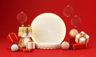 vitrine de produit podium rouge et blanc de style nouvel an chinois avec or et cadeau, lanterne, arrière-plan de scène de modèle de chine. Concept de festival traditionnel de vacances de l'année du tigre 2022. rendu 3d photo