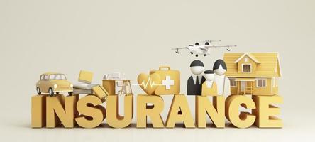 le client de la compagnie d'assurance souscrit un concept d'assurance complet. assurance et assurance automobile, immobilier et propriété, voyage, finances, santé, famille et vie. Rendu 3D jaune photo