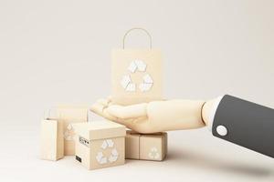 le concept de zéro déchet et de recyclage. utilisation de vaisselle en papier écologique et d'emballages en matériaux biodégradables. à la main d'un homme d'affaires. sur fond pastel rendu 3d photo