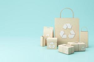 le concept de zéro déchet et de recyclage. utilisation de vaisselle en papier écologique et d'emballages en matériaux biodégradables. à la main d'un homme d'affaires. sur fond pastel rendu 3d