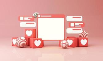 marketing numérique, analyse Web et concept de médias sociaux marketing avec jeu, message de chat, icône d'amour, loupe et barre d'affichage et fond jaune de l'écran du téléphone. illustration de rendu 3d photo