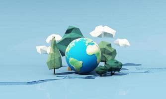 affiche ou bannière innovante de la journée mondiale de l'environnement avec arbre low poly et nuage et rivière sur le sol avec globe terrestre sur fond bleu illustration de rendu 3d photo