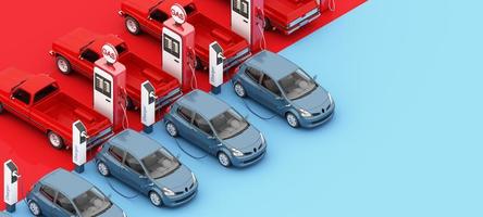 entre les camions rouges qui font le plein de carburant et la berline bleue électrique qui charge. crise du carburant coûteux, conservation de l'énergie, éco-vert, concept isolé sur fond rouge et bleu illustration de rendu 3d photo