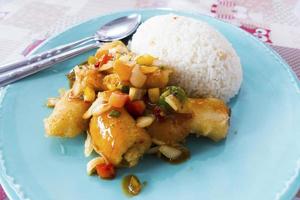 riz avec poisson frit à la sauce aigre-douce photo