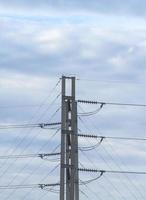 pylône moyenne tension avec fils isolés en céramique pour se protéger contre les chocs électriques et un grand nombre de fils électriques sur fond de ciel bleu le soir. photo