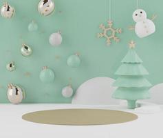 La scène de rendu 3d du concept de vacances de noël décore avec un arbre et affiche un podium ou un piédestal pour la maquette et la présentation des produits. photo