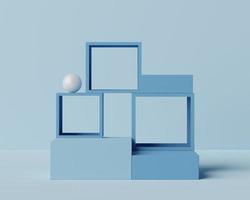 Formes géométriques 3D. présentoir de podium vierge de couleur bleu blanc pastel. piédestal minimaliste ou scène de vitrine pour le produit actuel et la maquette. photo