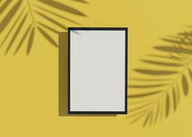 Vue de dessus de rendu 3d d'un cadre blanc vierge pour la maquette et les produits d'affichage avec des ombres de feuilles de palmier et un fond bleu blanc. photo