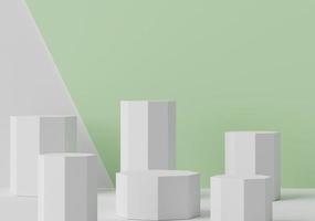 Formes géométriques 3D. présentoir de podium vierge de couleur blanc vert pastel. piédestal minimaliste ou scène de vitrine pour le produit actuel et la maquette. photo