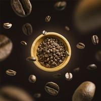 grains de café en vol sur fond sombre photo