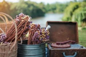 pique-nique dans le parc près de la rivière, fleurs séchées, paniers bouteille de vin, livre et disque vinyle gramophone rétro. concept d'été, de printemps et de vacances photo