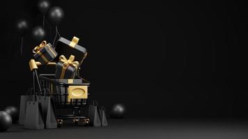 conception de bannière de vente vendredi noir de panier et boîte-cadeau avec sac en papier sur fond noir rendu 3d photo