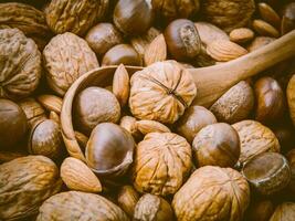 arrière-plan avec différents types de noyaux de noix de noix, de macadamia, de noisette et d'amande avec une cuillère en bois. profondeur de champ de mise au point sélective. photo