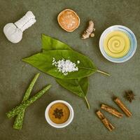 feuilles d'avocats avec ingrédients de spa nature curcuma, boule de compresse à base de plantes, bael indien séché, poudre de cannelle, bâtons de cannelle, huile aromatique, anis étoilé, aloe vera et sel de mer sur fond de béton. photo