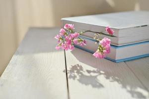 deux livres avec des fleurs roses comme signets sur une table en bois blanche. soleil de printemps. lecture de saison chaude dans le jardin. temps de loisir et passe-temps. esthétique romantique photo